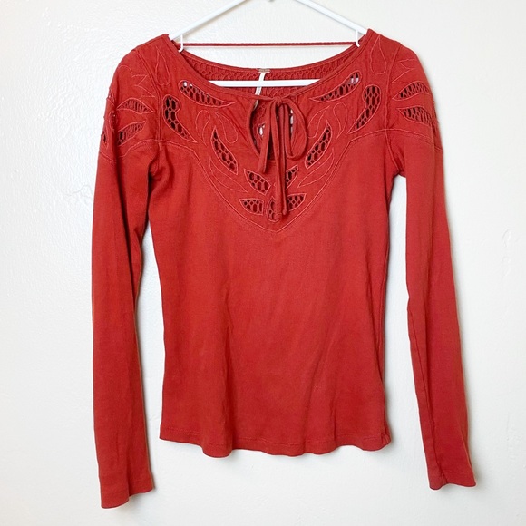 Free People Tops - 🌻Free People | Red Orange Eyelet Mesh Tie Top